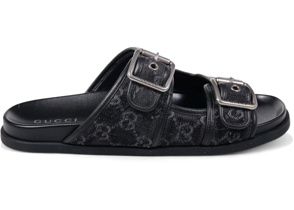 Gucci Slide Sandal Buckles Black Gg Denim