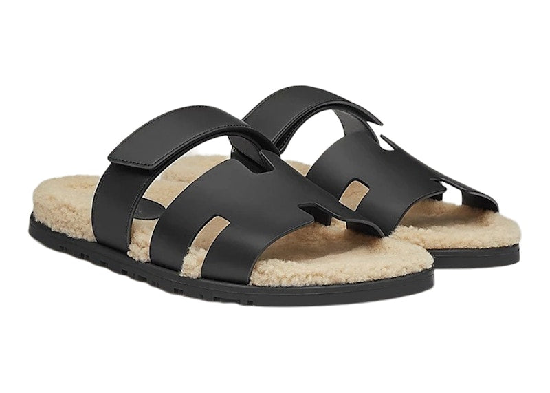 Hermes Chypre Sandal Noir Leather Woolskin (M)