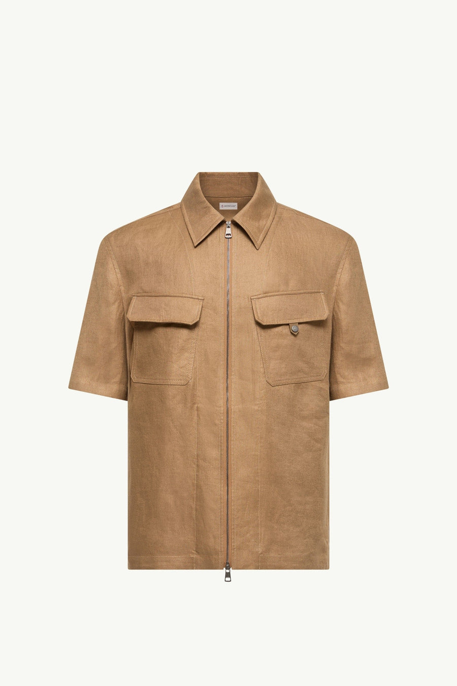 Moncler Linen Twill Short Sleeve Zip-Up Shirt Light Brown Light Brown