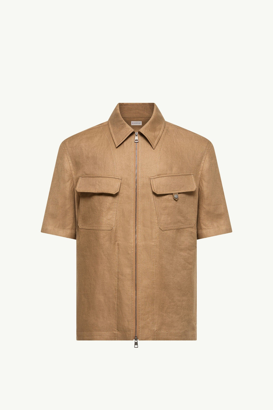 Moncler Linen Twill Short Sleeve Zip-Up Shirt Light Brown Light Brown