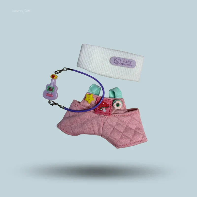 Labubu Doll Bunny Daydream Quilted Pink Overall Outfit Set With Headband & Mini Guitar Accessory - 3 Piece Set