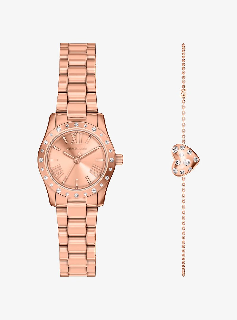 Michael Kors Petite Lexington Pav Rose Gold-Tone Watch And Heart Bracelet Gift Set
