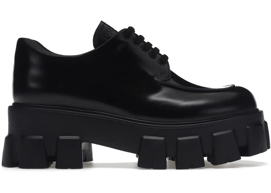 Prada Monolith 55Mm Lace Up Loafer Black Brushed Leather