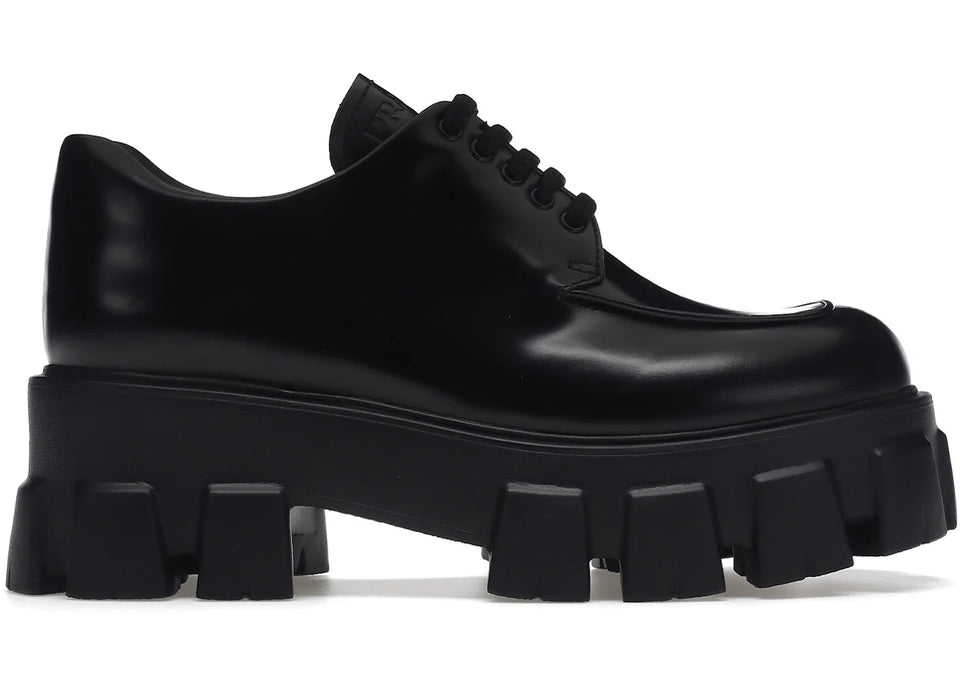Prada Monolith 55Mm Lace Up Loafer Black Brushed Leather