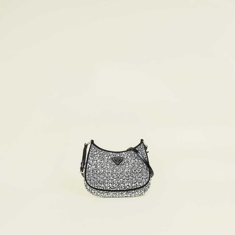 Prada Black Metal Crystal - Embellished Satin Cleo Bag