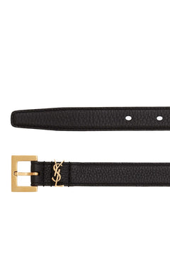 Saint Laurent Cassandre Thin Belt with Square Buckle in Grained Leather Black