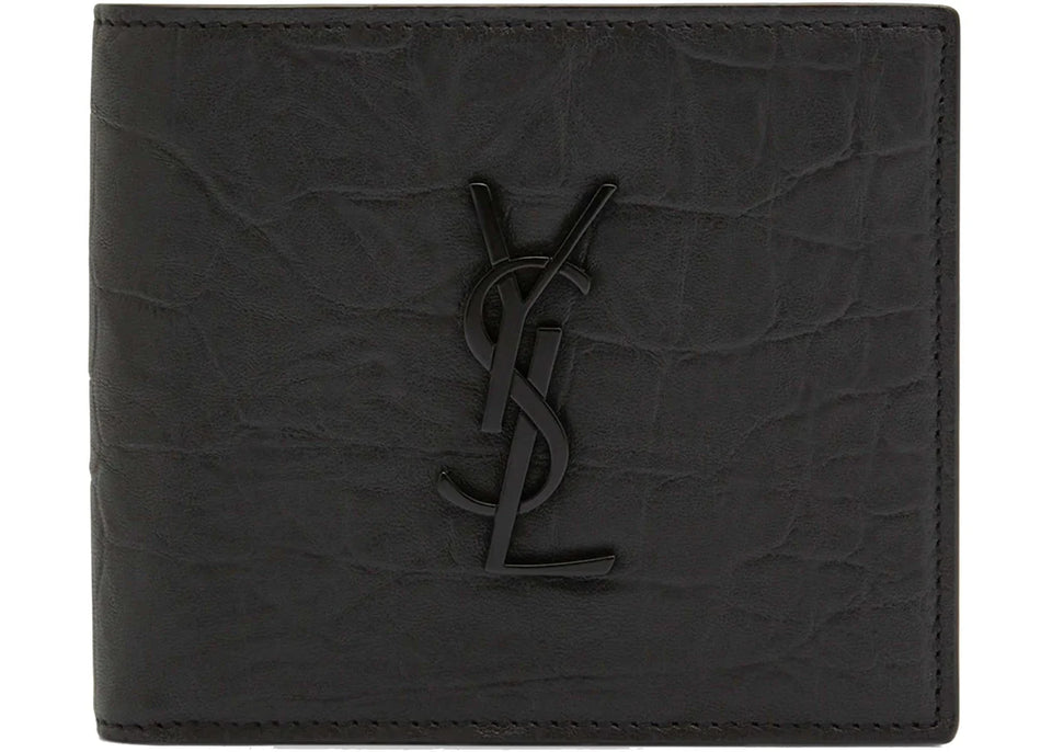 Saint Laurent Monogram Croc-Embossed Leather Bi-Fold Wallet Black