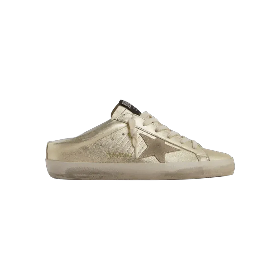 Golden Goose Super-Star Sabots In Platinum Foiled Leather With Beige Suede Star
