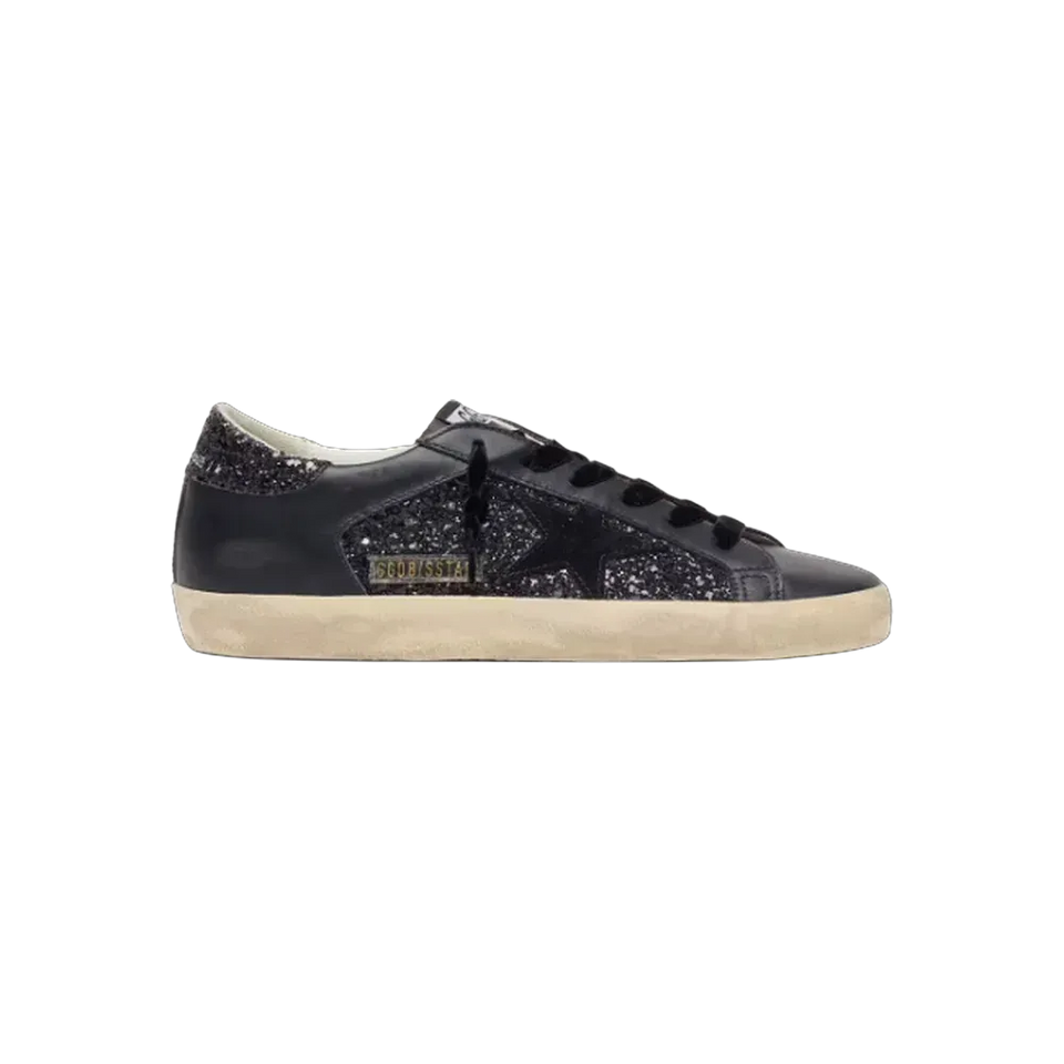 Golden Goose Super-Star In Black Glitter With Black Suede Star And Leather Inserts