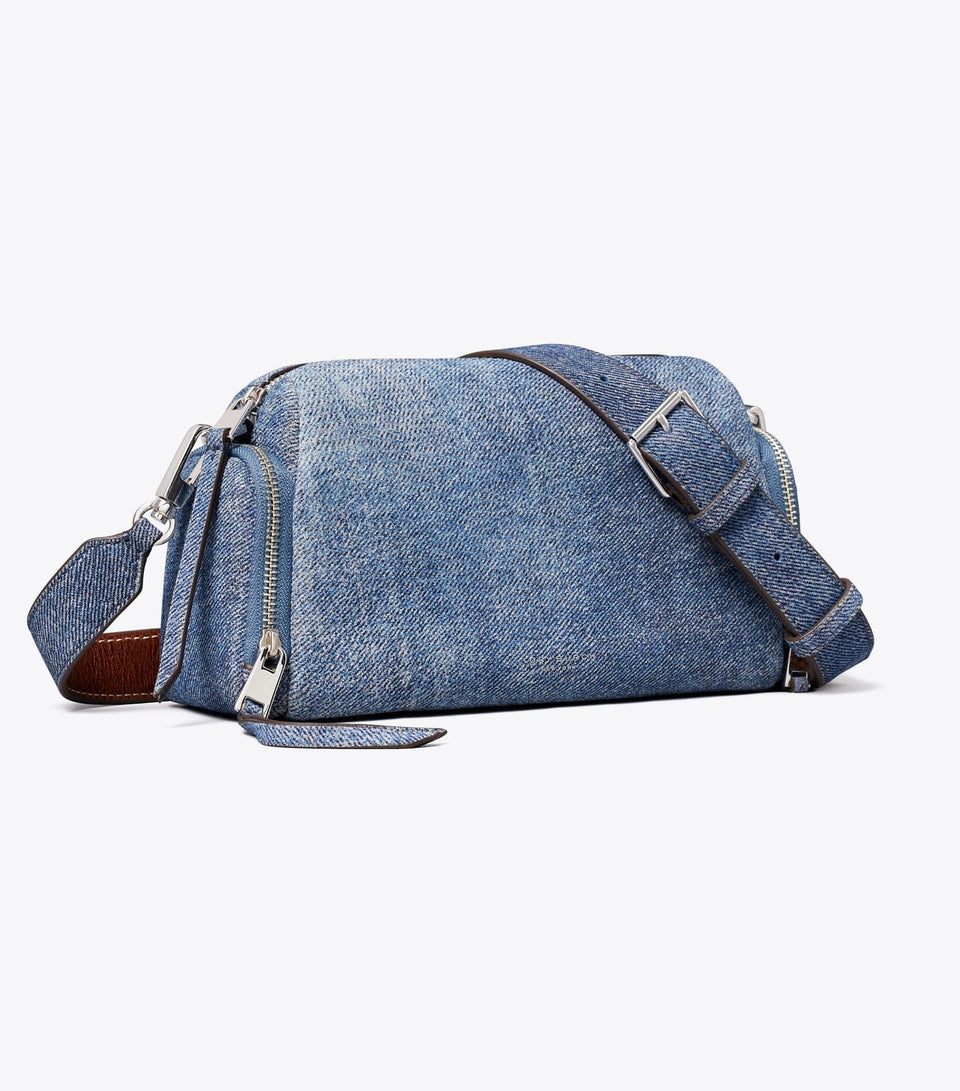 Perry Denim-Print Suede Voyager Crossbody Bag