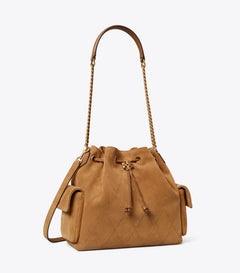 Charlie Quilted Suede Drawstring Shoulder Bag
