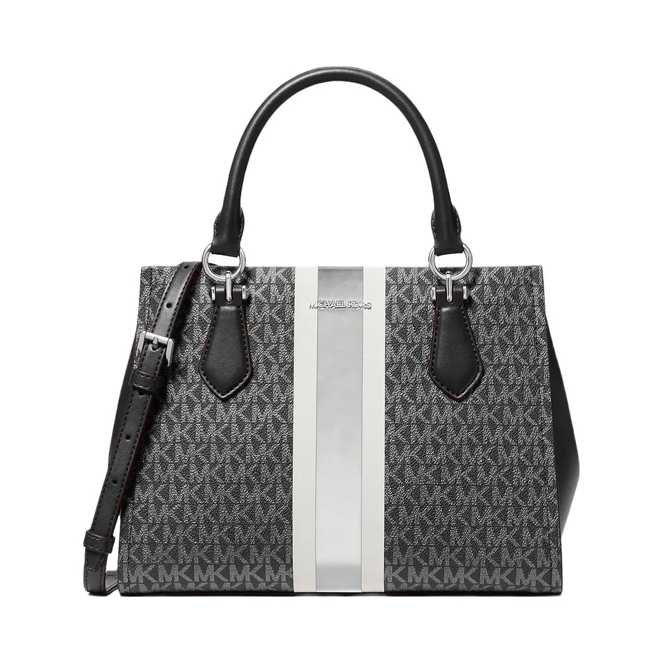 Michael Kors Marilyn Medium Signature Logo Stripe Satchel Black