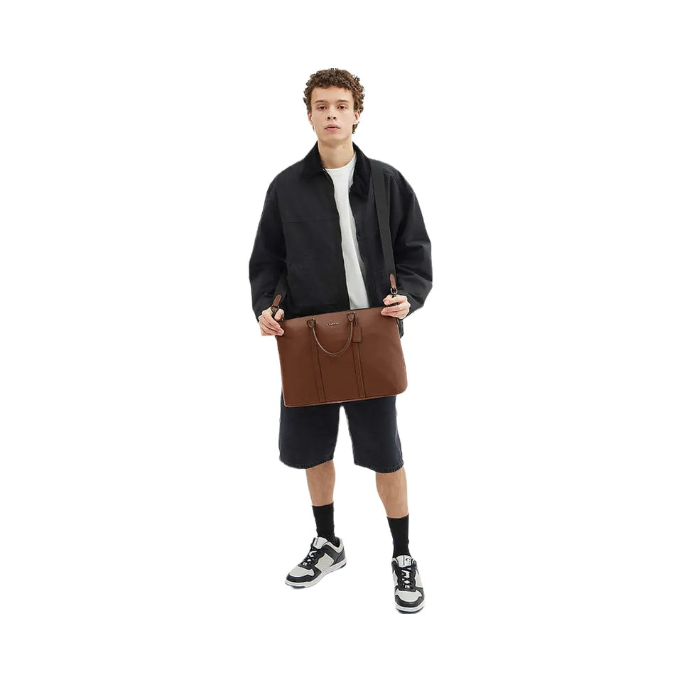 Coach Caleb Work Bag Pebbled Leather-Gunmetal-Saddle