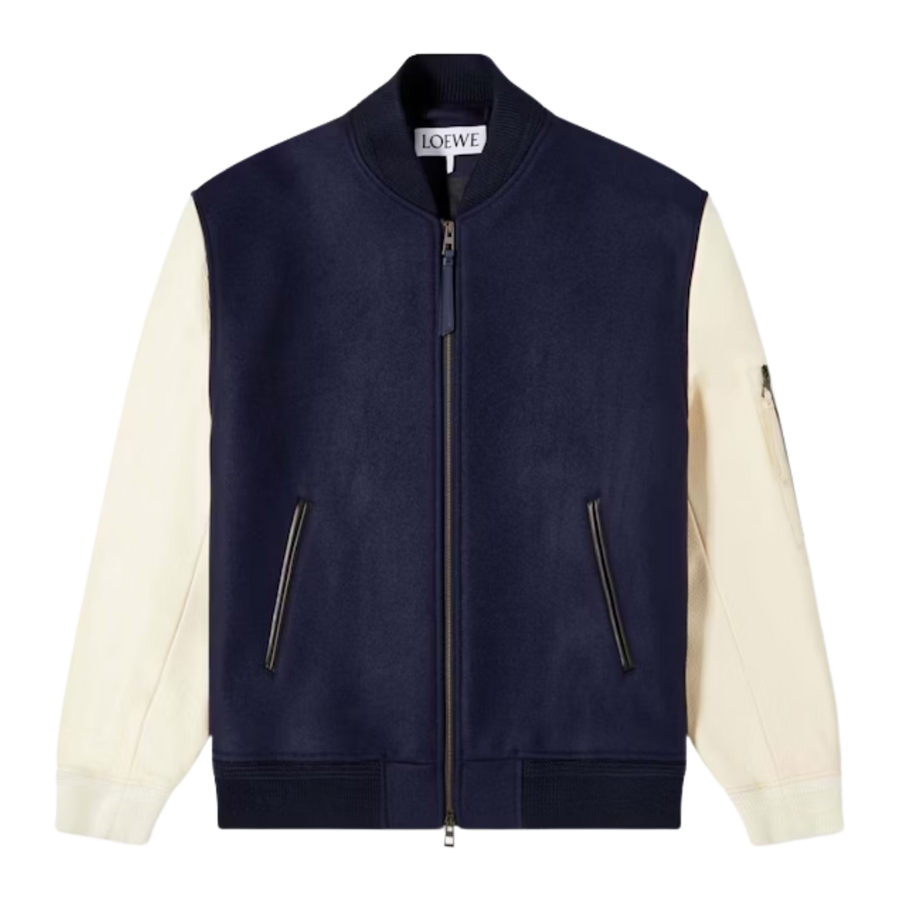 LOEWE Leather Sleeve Bomber Jacket Navy/Cream