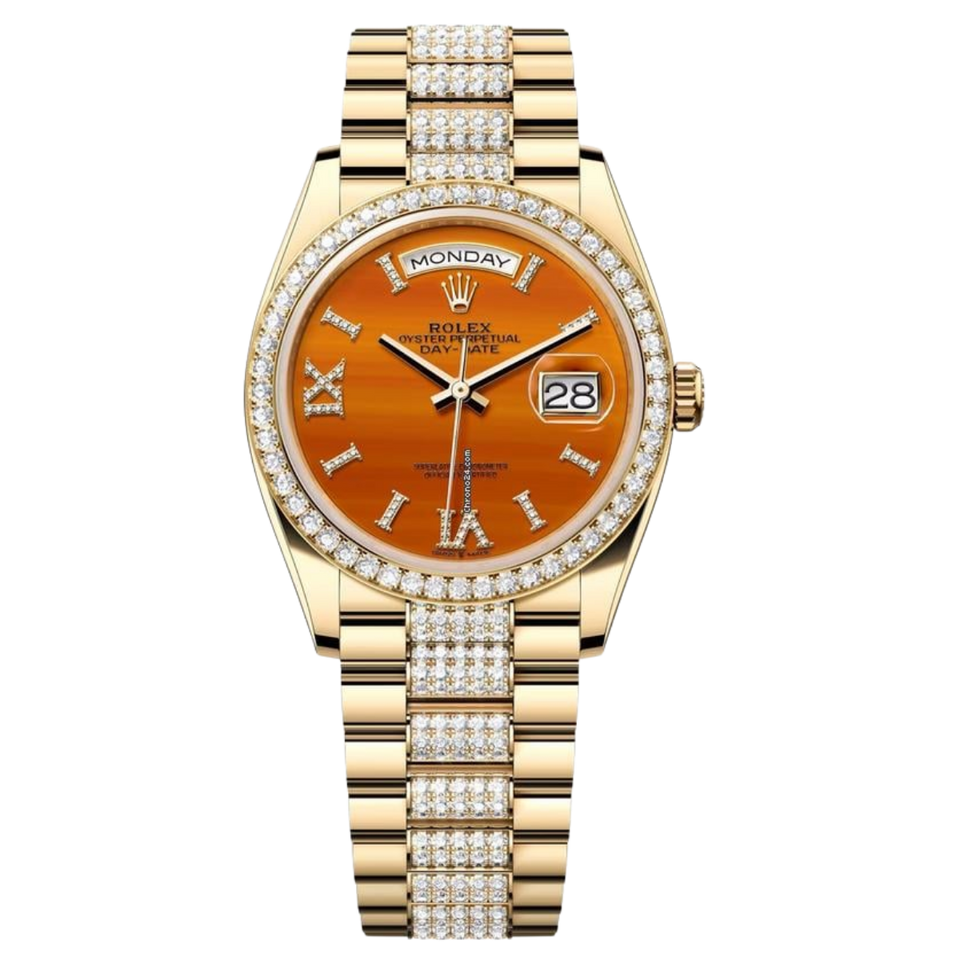 Rolex Day-Date Yellow Gold Carnelian Diamond-Set Roman Dial Womens Watch NEW UNWORN Rare 128348 RBR-0050