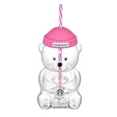 Starbucks Bearista Korea Edition Bear Glass Tumbler Barbie Pink Spiral Straw 591ml