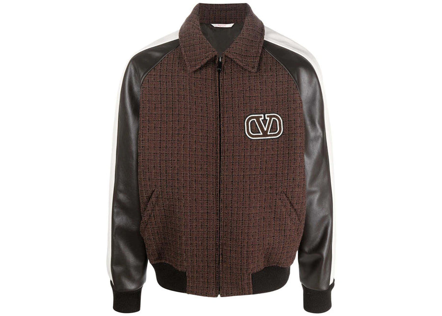 Valentino Tweed-Panel Bomber Jacket Brown