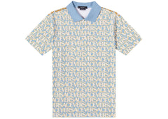 Versace All Over Logo Pique Polo Shirt Blue Multi