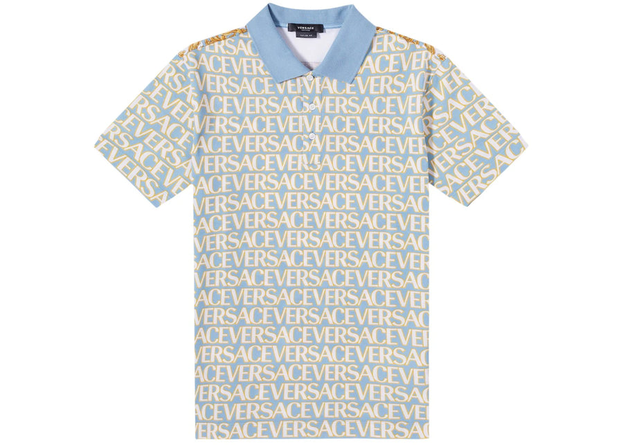 Versace All Over Logo Pique Polo Shirt Blue Multi
