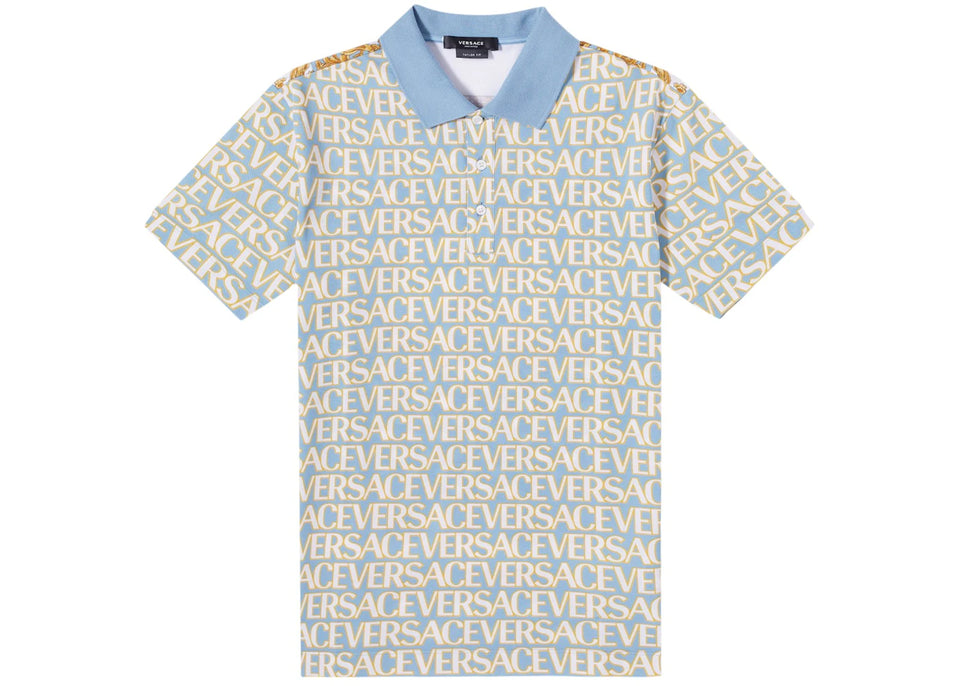 Versace All Over Logo Pique Polo Shirt Blue Multi