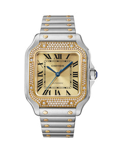CARTIER SANTOS DE CARTIER, MEDIUM, AUTOMATIC, YELLOW GOLD, STEEL, DIAMONDS, INTERCHANGEABLE METAL AND LEATHER BRACELETS