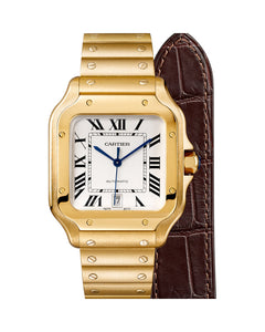 CARTIER SANTOS DE CARTIER, LARGE, AUTOMATIC, YELLOW GOLD, INTERCHANGEABLE METAL AND LEATHER BRACELETS
