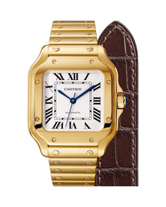 CARTIER SANTOS DE CARTIER, MEDIUM, AUTOMATIC, YELLOW GOLD, INTERCHANGEABLE METAL AND LEATHER BRACELETS