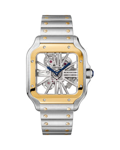 CARTIER SANTOS DE CARTIER, SKELETON, LARGE, MANUAL, YELLOW GOLD AND STEEL, LEATHER, INTERCHANGEABLE METAL AND LEATHER BRACELETS