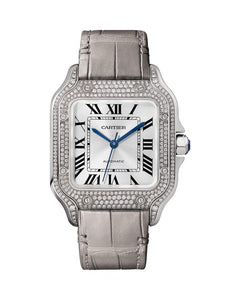 CARTIER SANTOS DE CARTIER, MEDIUM, AUTOMATIC, WHITE GOLD, DIAMONDS, TWO INTERCHANGEABLE LEATHER BRACELETS