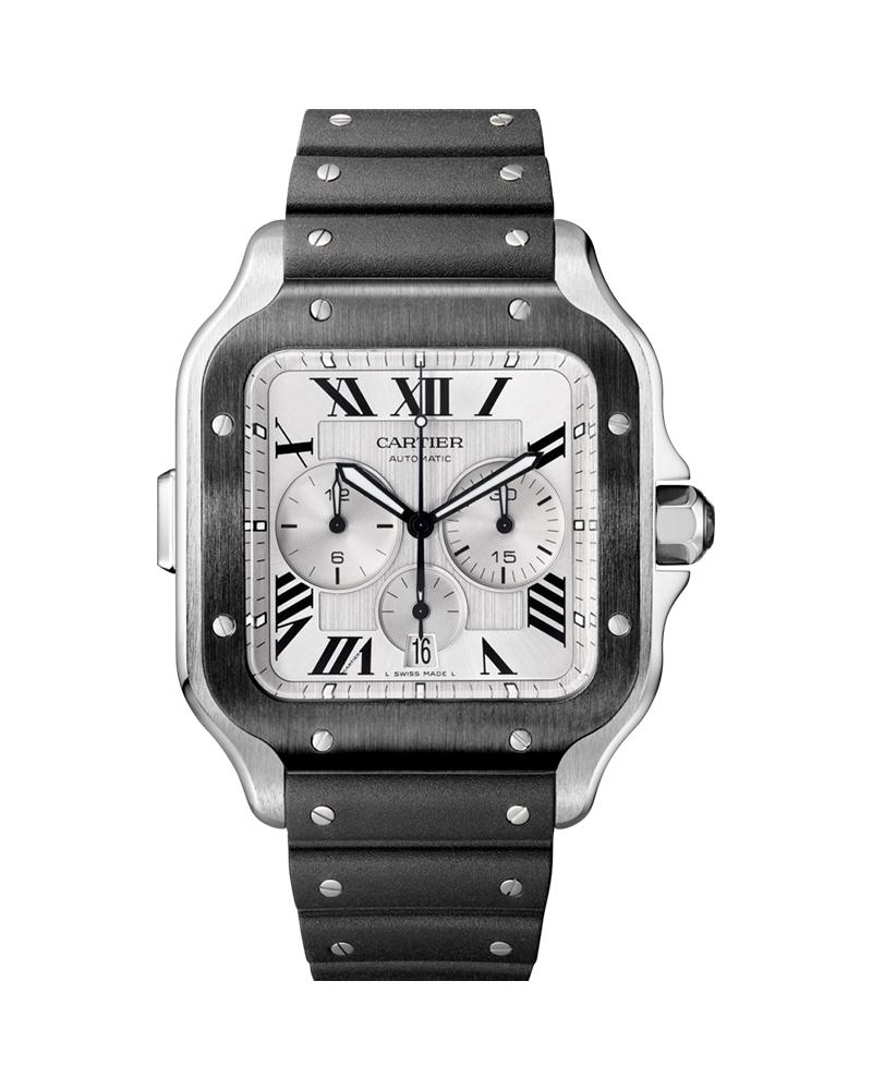 CARTIER SANTOS DE CARTIER, XL, CHRONOGRAPH, STEEL AND ADLC, INTERCHANGEABLE RUBBER AND LEATHER BRACELETS