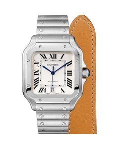 CARTIER SANTOS DE CARTIER, LARGE, AUTOMATIC, STEEL, INTERCHANGEABLE METAL AND LEATHER BRACELETS