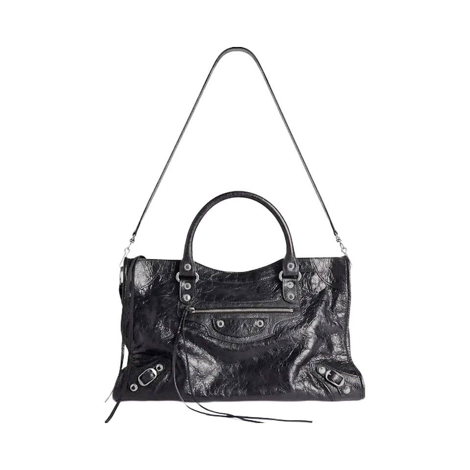 Balenciaga Le City Medium Bag In Black Arena Lambskin Shiny Silver Hardware Black