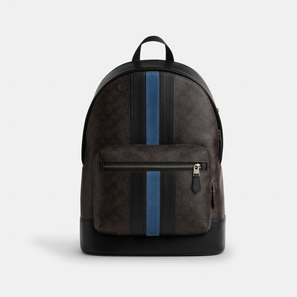 Coach West Backpack In Signature Canvas With Varsity Stripe Gunmetal