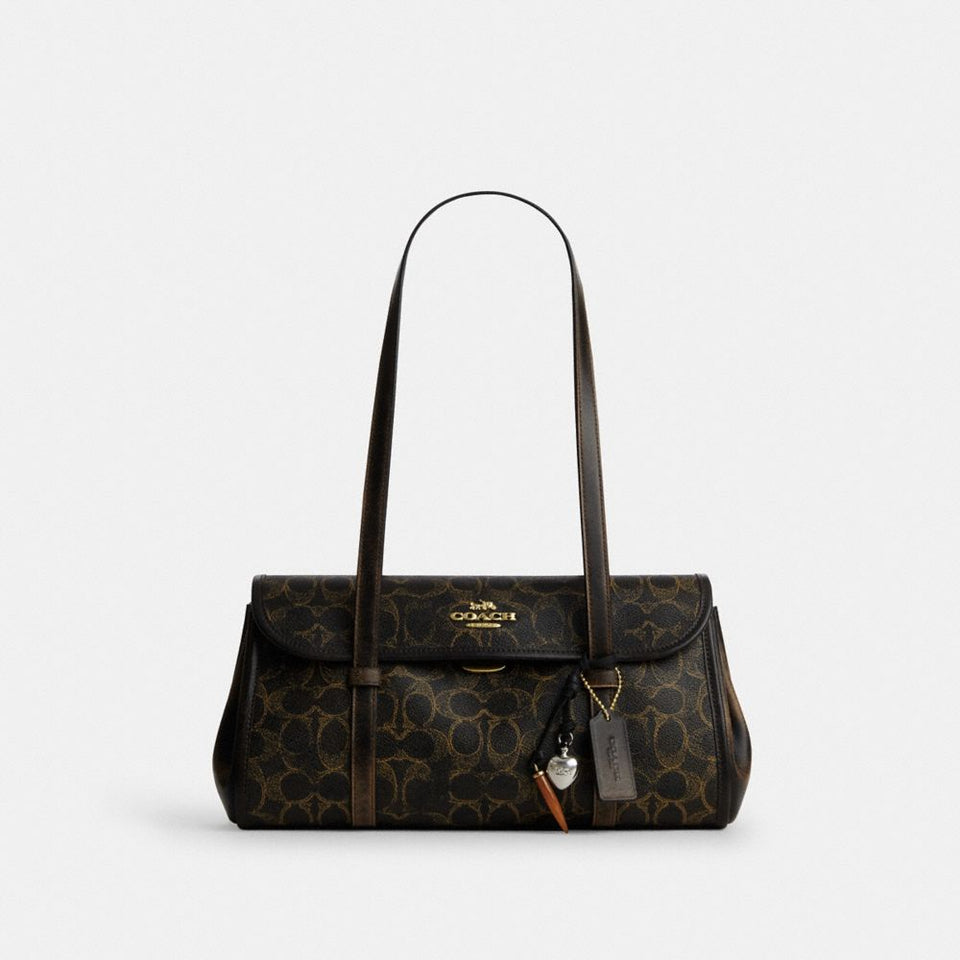 Coach Bridget Flap Shoulder Bag In Loved Signature Canvas With Charms Gold Brown