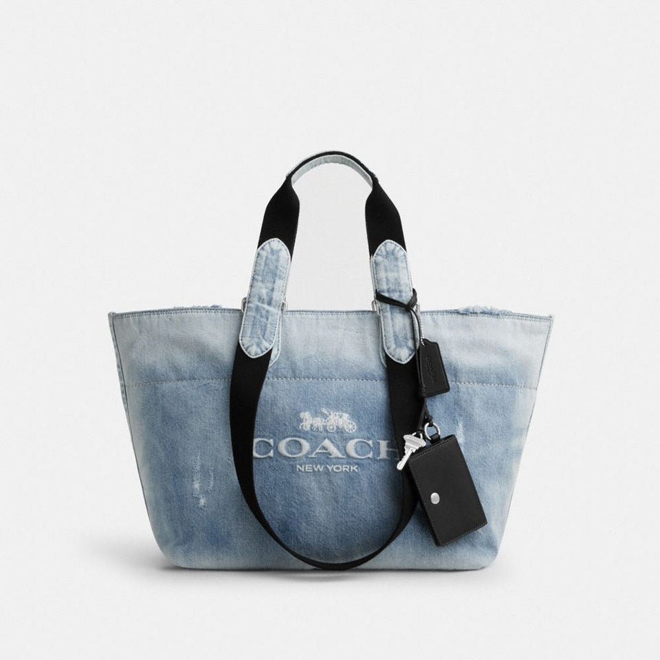 Coach Small Tour Tote Bag In Loved Denim With Charms Silver Light Indigo