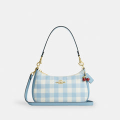 Coach Teri Shoulder Bag With Gingham Print And Charm Gold Blue Multi