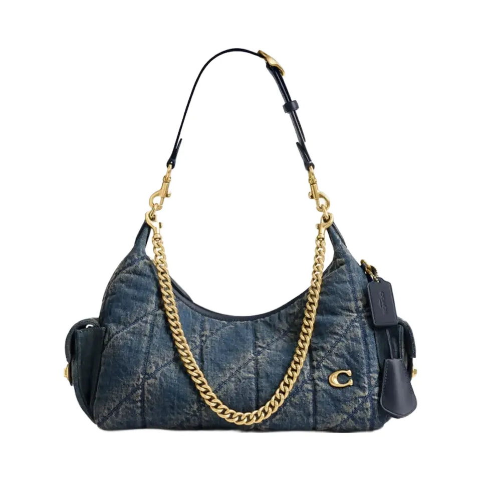 Coach Pocket Juliet Bag 30 In Regenerative Cotton Denim With Quilting in Brass Dark Indigo