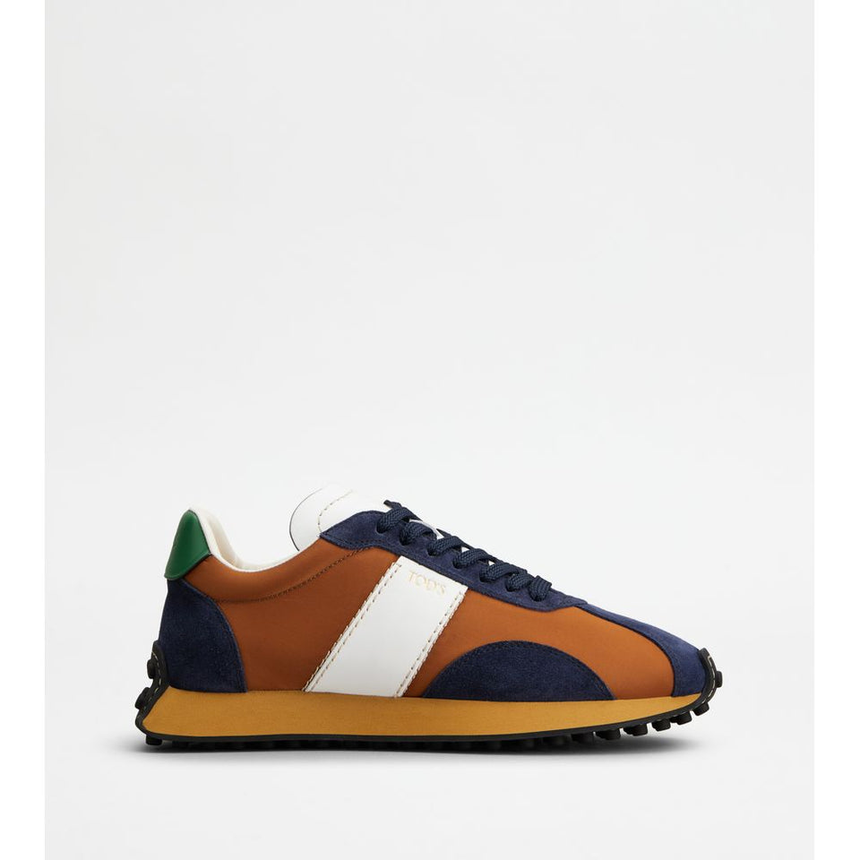 Tods T Vintage Sneakers In Leather And Fabric Blue Brown White Mens