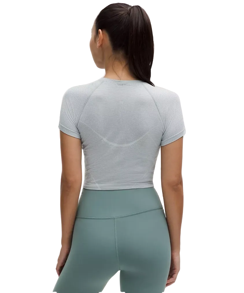 Lululemon Swiftly Tech Cropped Shorts-Sleeve Shirt 2.0 Spandex Stripe White/Grey Oasis
