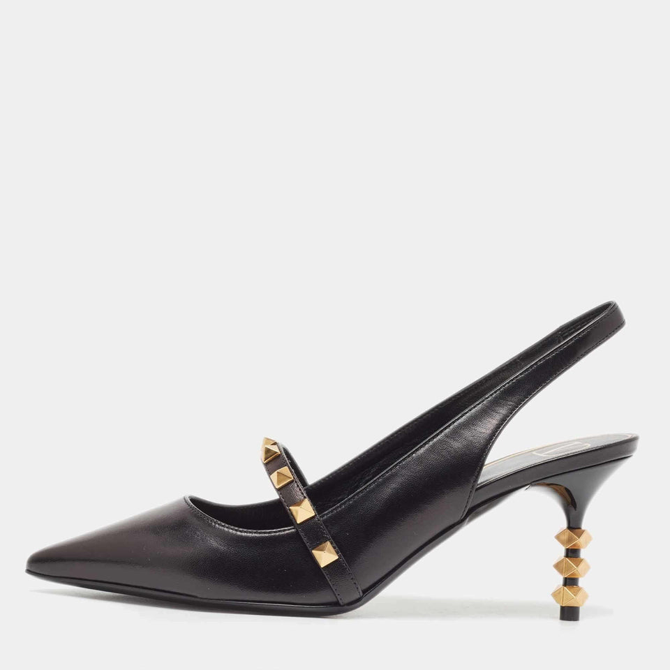 Valentino Black Leather Rockstud Slingback Pumps