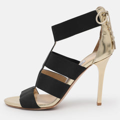 Jimmy Choo Gold/black Leather And Elastic Cage Sandals